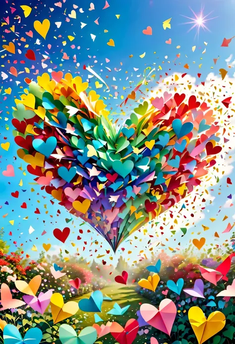 Colored confetti:1.5，Colored confetti flying in the sky，Floating confetti fills the sky，The garden is littered with confetti，in scraps of paper，hyper detailed masterpiece, Dynamic, good quality,Floating Extra Large Ethereal Colorful Heart DonMW15pXL