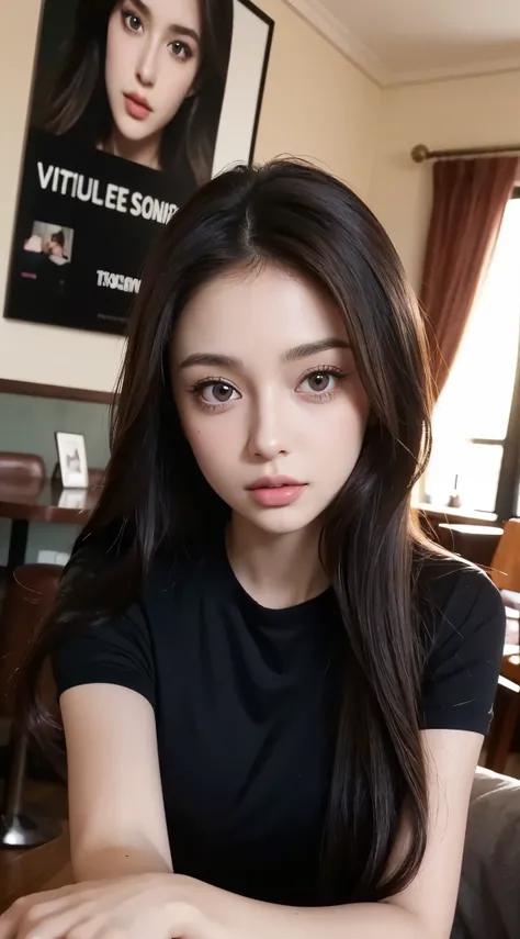 Arafed woman wearing black clothes, sexy girl，brown eyes, portrait of sophie mudd, brown hair and big eyes, Selfie of a young woman, In the café, bedroom eyes, Violet Myers, without make-up, natural makeup, looking directly at camera, face artgram, Light m...