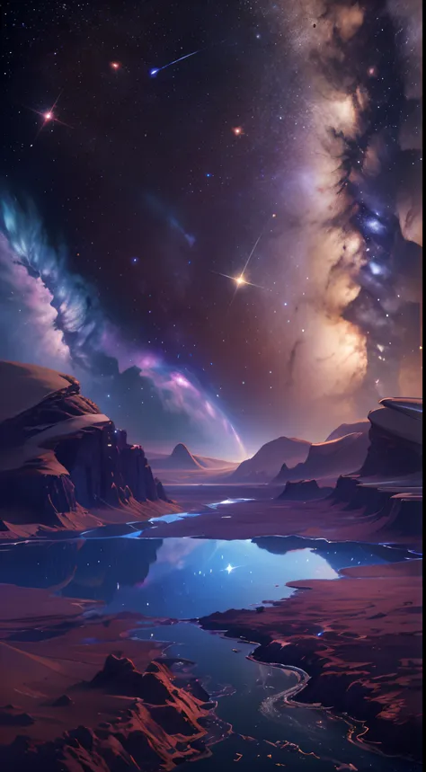 ((8K)) Starry sky with rivers and distant milky ways, galactic landscape, epic beautiful space scifi, cosmos sem fim no fundo, high detailed digital art, Space landscape,stellar,comets,
