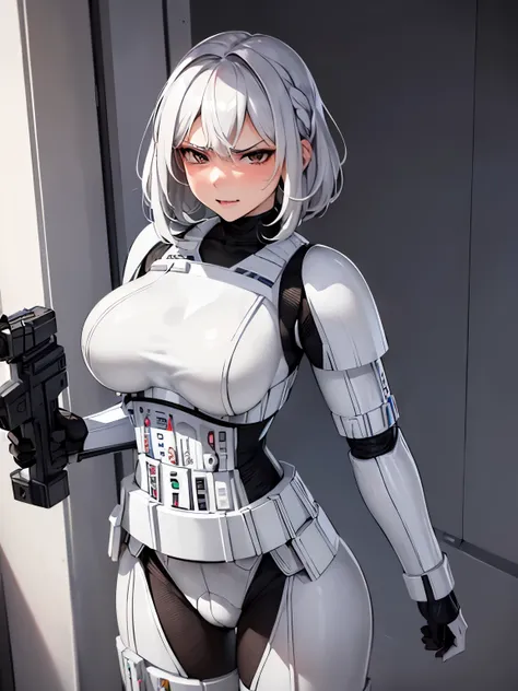 (((1girl))), ((unordentliche Frisur)), ((Meisterwerk)), (Sehr detailliert), ((stormtrooper armor)), star wars optik, star wars, trooper, trooper maske, stehend, um ein Foto zu machen, (((white hair)), abnormally large breasts, comically large , Sommerspros...