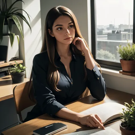 a woman in her mid 20s sitting near a window at work, absent-mindedly twisting and (playing with her long hair:1.2). slightly dark Mid century office, she is highlighted sidelit by evening sunlight. plants in the background . Modern office casual dress sty...