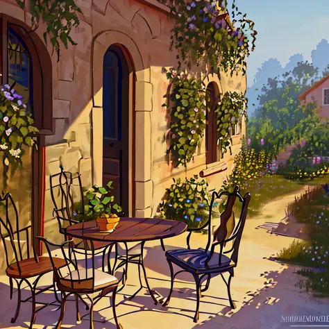 painting of a table and chairs outside a house with a bunch of grapes, inspired by guido borelli da caluso, by guido borelli da ...