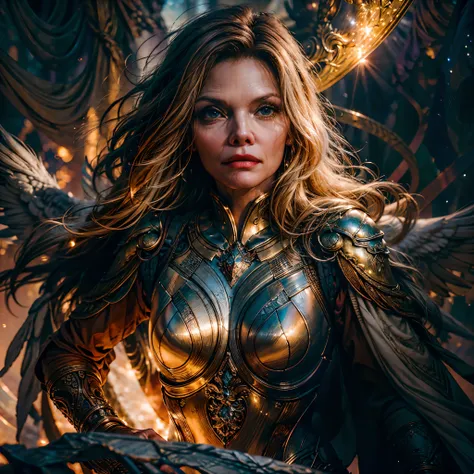 epic beautiful painting of michelle-pfeiffer as perfect gorgeous female warrior, shapeless long fullbody, perfect features, (wea...