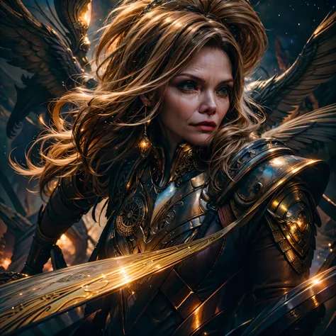 epic beautiful painting of michelle-pfeiffer as perfect gorgeous female warrior, shapeless long fullbody, perfect features, (wea...