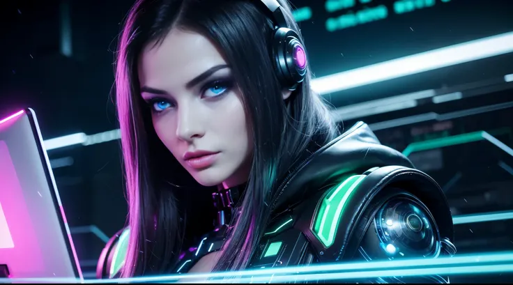 (best quality,4k,highres,masterpiece:1.2),ultra hot,gorgeous European woman:1.1,age 23,hacker in front of his futuristic computer:1.1,photorealistic,UHD,realistic lighting,sharp focus,vivid colors,physically-based rendering,extremely detailed face and outf...