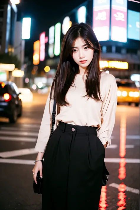 (aesthetics:1.4) Beautiful Korean fashion model bokeh city night photo