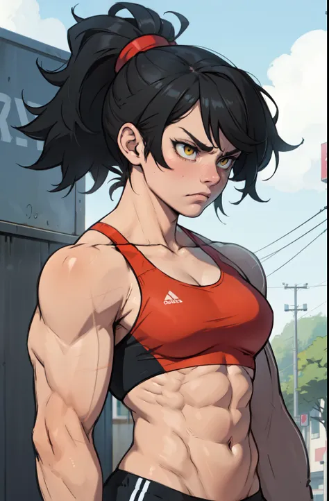 athletic girl muscular girl toned body girl sad frown black hair yellow eyes