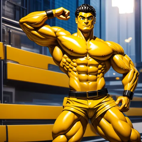 Lego Buff Minifigure, Yellow Skin tone, Muscular, Flexing, Looking at viewer. Wavy Hair