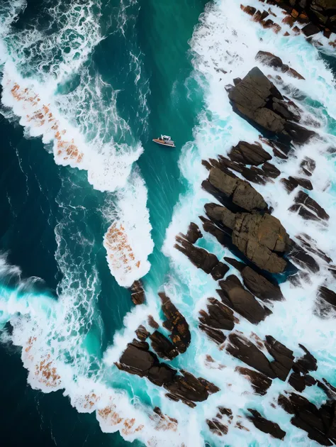 An aerial photograph of ocean waves crashing dramatically into a rock jetty. The sky is very clear and the sun shines with blues and greens in the picture. Very high detailed and photorrealistic. Hyperrealistic and life like. 8K, Photography, shot with a C...