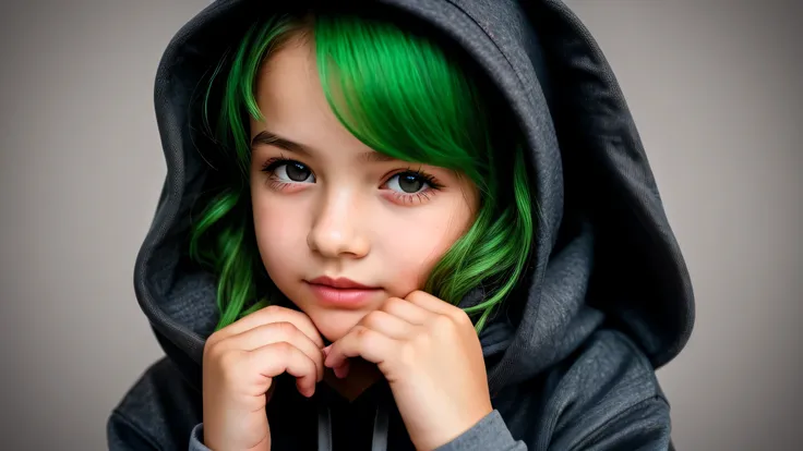 KIDS GIRL green hair in a black hoodie holding her head in her hands, wings of angel ,KIDS girl wearing hoodie, in a black hoodie, close up portrait photo, gorgeous young model, in a hoodie, portrait black and white portrait, wearing a black hoodie