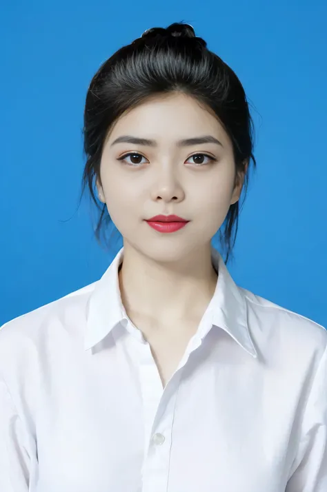 arafed woman with a white shirt and red lipstick posing for a picture, portait photo profile picture, professional profile picture, south east asian with round face, professional picture, with a blue background, with round face, headshot profile picture, x...