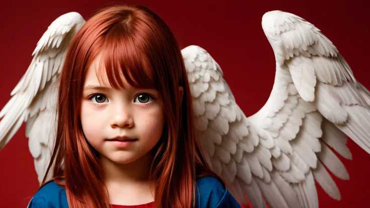 KIDS GIRL red hair in a wings of angel, portrait photo, red background.