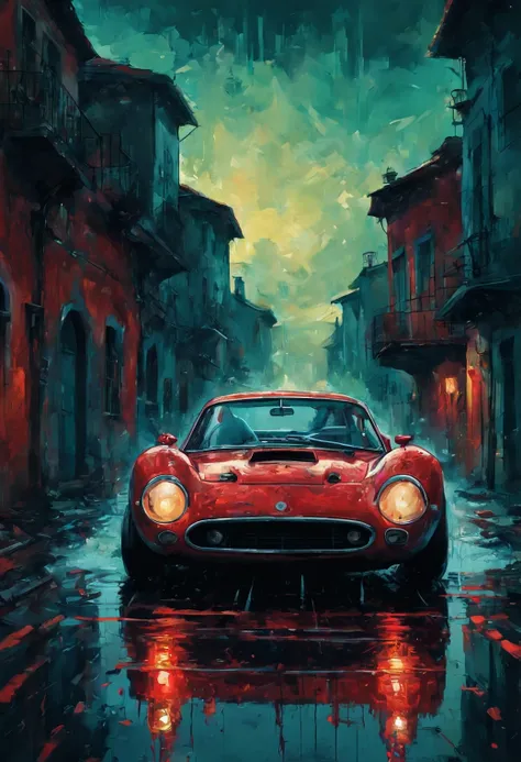 A red race car in the style of sam spratt, historical vintage car, old masters, genndy tartakovsky, soggy, masaccio, a 1990s poster style with dark green and blue details, colorful with vibrant colors, (low-light, breathtaking panoramic:1.3)