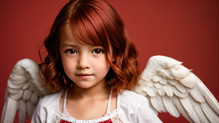 KIDS GIRL red hair in a wings of angel, portrait photo, red background.