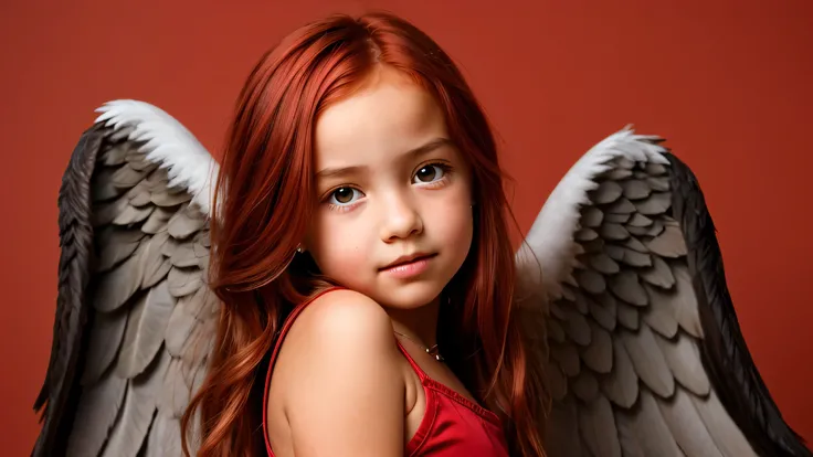 KIDS GIRL red hair in a wings of angel, portrait photo, red background.