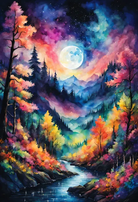 Aurora spreads across the night sky,moon,landscape,watercolor painting,lightのカーテン,colorful,rich colors,dream-like,wonderful,bless,lightの粒,dark background,masterpiece,be familiar with,magic effect,light, breathtaking renderings, in a radiant connection, Ins...