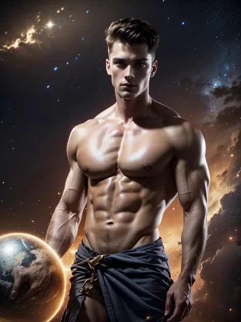 Photorealistic, ((best quality)), ((masterpiece)), (detailed),masculine portrait of Atlas, Atlas, carrying the planet Earth, fully naked, nude, side view, holding the planet Earth on his back, muscule, ripped, strong body, fit body, 1boy, outer space backg...