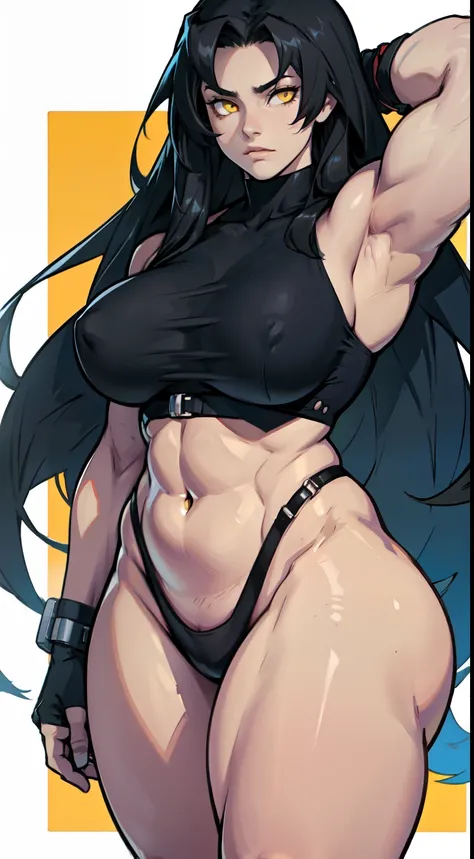 girl breasts huge muscles huge thighs solo girl black hair extremely long hair pale skin expressionless yellow eyes