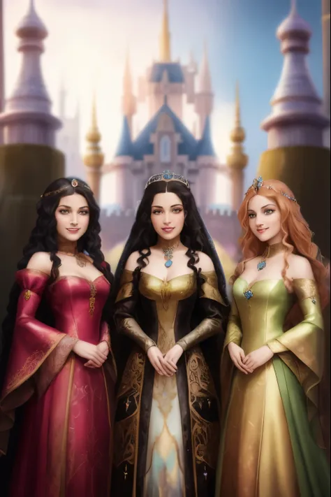 three beautiful women in medieval dresses standing in front of a castle, epic tale of the twin sisters, the three moiras, three futuristic princes, official fanart, !5 three eyed goddesses, promotional art, fantasy characture portrait, princess portrait, f...