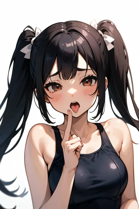 1girl, best quality, amazing quality, very aesthetic, absurdres,masterpiece, white background, simple background, ,black hair,brown eyes,,one-piece swimsuit, ,school swimsuit,twin tail, half-closed eyes,focus face,masterpiece,tongue out,open mouth,