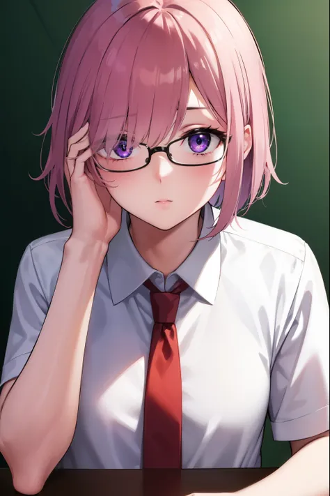 mashkyrielight, mash kyrielight, glasses, hair between eyes, hair over one eye, (purple eyes:1.1), pink hair, short hair,
break ...