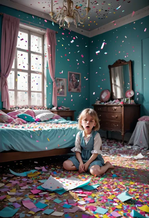 Beautiful bedroom，The wronged children are all in the pieces of paper，torn confetti，Confetti scattered on the ground，Pitiful expression，like a child who makes mistakes