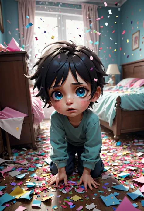 The wronged children are all in the pieces of paper，torn confetti，Bedroom strewn with confetti，Pitiful expression