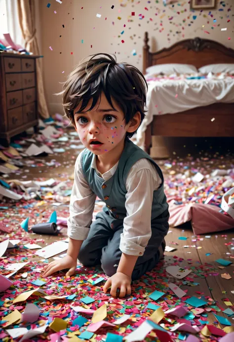 The wronged children are all in the pieces of paper，torn confetti，Bedroom strewn with confetti，Pitiful expression