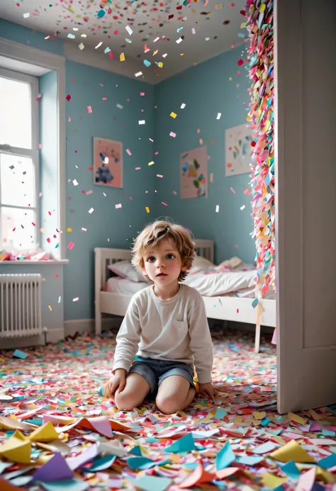 child in paper，torn confetti，Bedroom strewn with confetti，