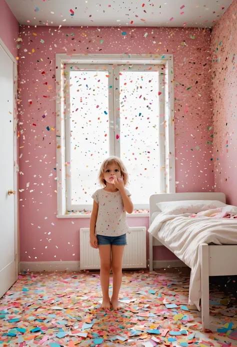 child in paper，torn confetti，Bedroom strewn with confetti，