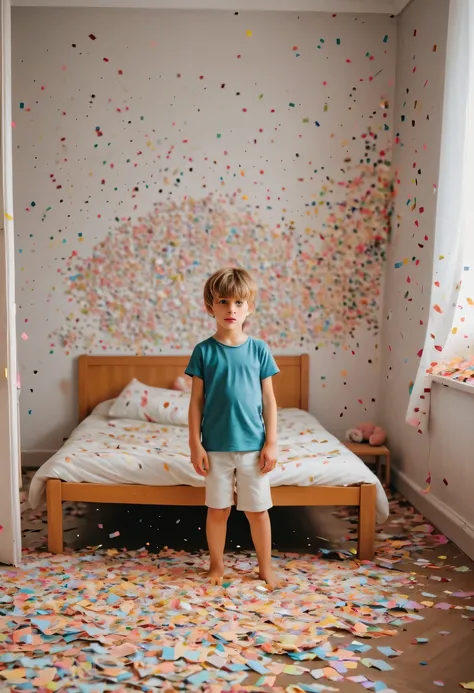 child in paper，torn confetti，Bedroom strewn with confetti，