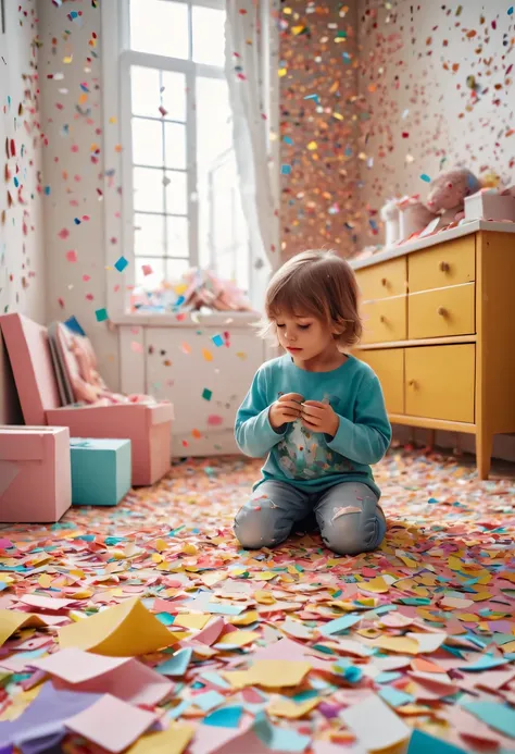 child in paper，torn confetti，Confetti scattered around the house，Beautifully decorated home，