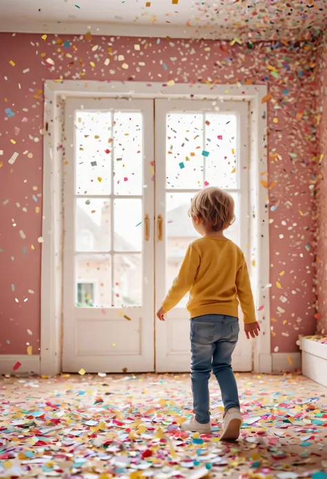 child in paper，torn confetti，Confetti scattered around the house，Beautiful home