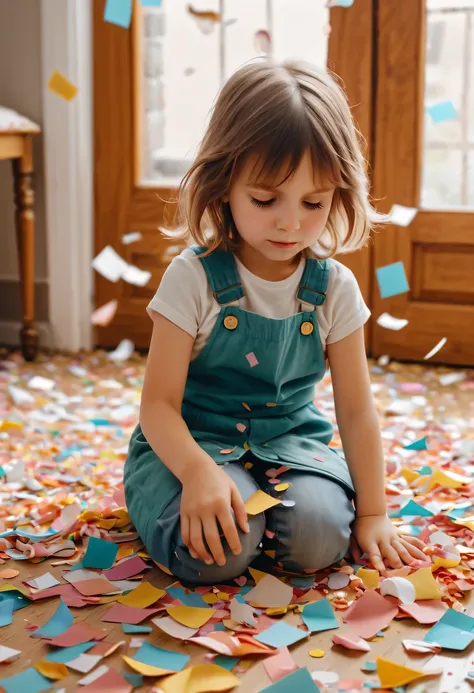 child in paper，torn confetti，Confetti scattered around the house，