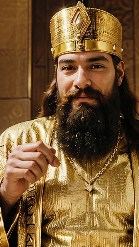 Rich white man with golden jewels, full beard, ancient Israelite, wealthy, happy