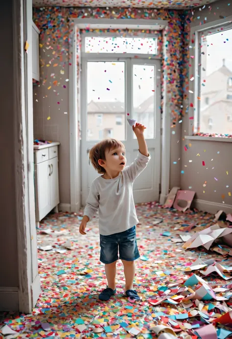 child in paper，torn confetti，Confetti scattered around the house，