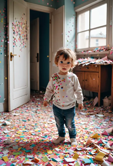 child in paper，torn confetti，Confetti scattered around the house，