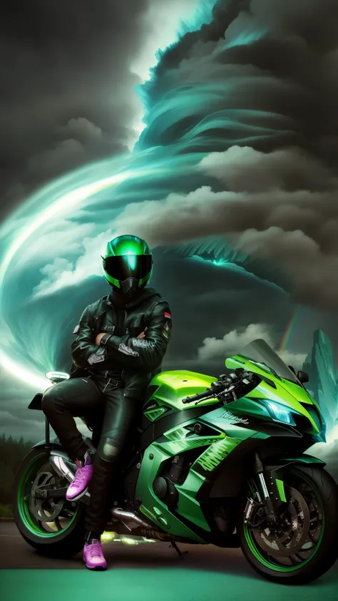 arafed man sitting on a green motorcycle in front of a rainbow, wraiths riding in the sky, lonely rider, motorbiker, picture of a male biker, riding in the sky, sitting on cyberpunk motorbike, badass composition, biker, aetherpunk airbrush digital art, rid...