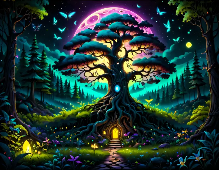 fantasy world, forest magical tree, tree of life, firefly, full moon midnight, neon magical colors. the artwork is of the highes...