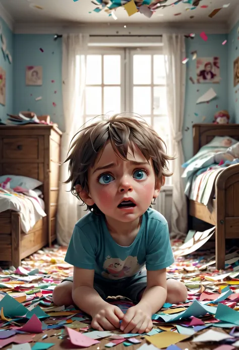 in a nice bedroom, a distressed child is surrounded by torn paper shreds, scattered Colored confetti are scattered on the floor, And the child&#39;s expression is even more pitiful, like a child who made a mistake. (best quality,4K,8k,high resolution,maste...