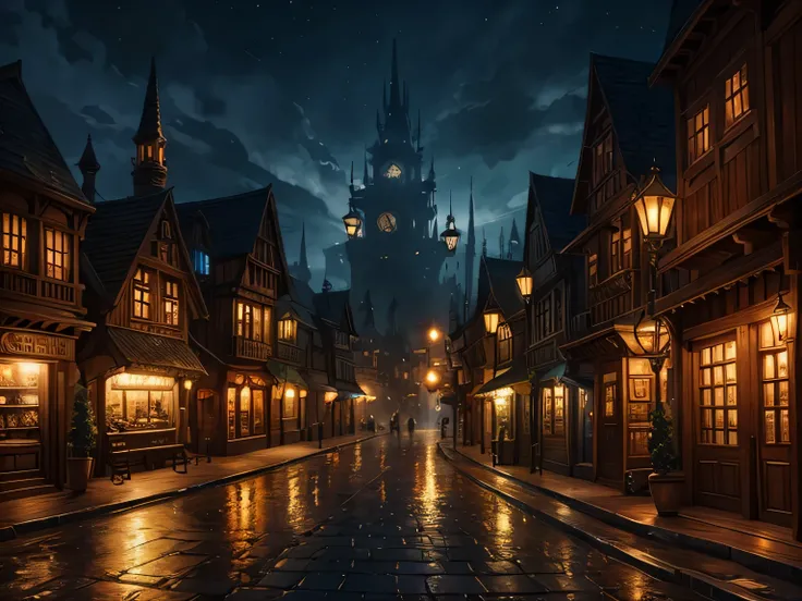 fantasy, steampunk town street, night