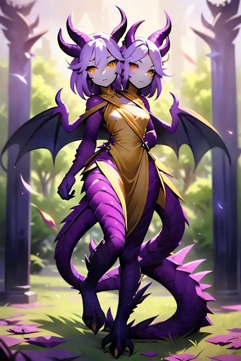 (2heads:1.2), 1girl, highly detailed, glowing purple eyes, spiky short yellow hair, demure ornate dress, masterpiece, purple scales, lots of purple scales on face, (orange dragon wings:1.1), medium chest, (yellow dragon horns:1.1), slender clawed hands, gr...