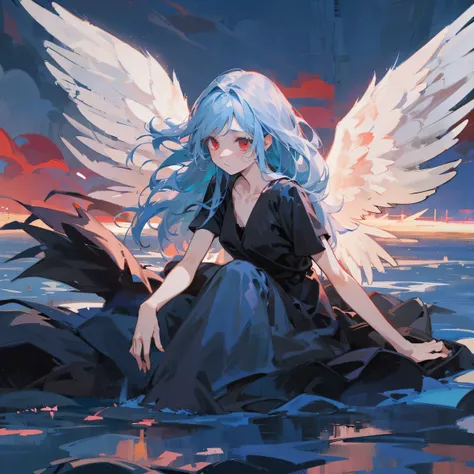 （highest quality、masterpiece、8K）Angel、Black wings、indigo hair、Ocean、long hair、red eyes、Lie、horror、thick coating、anime、cinematic composition、dim、evening