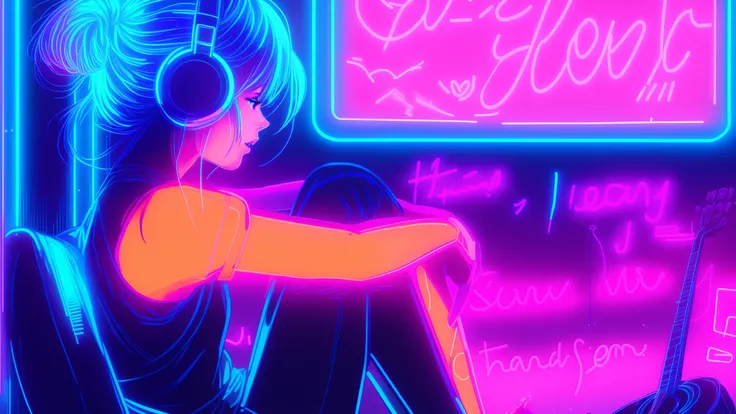 There&#39;s a girl sitting on a bench with a guitar, neon lightとファンタジー, synthwave art style ]!!, synthwave art style, lofi girl, synthwave style, cyberpunk atmosphere, [ synthwave art style ]!! ]!!, neon light, Neon glow concept art, [ synthwave art style ...