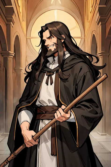 1man,black hair, brown eyes,medieval robes,long hair, short beard, holding stick,scared expression, diluted pupils, freckles,muscular,grinning,brown grey robes