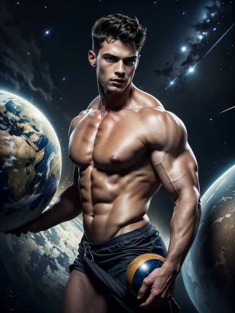 Photorealistic, ((best quality)), ((masterpiece)), (detailed),masculine portrait of Atlas, Atlas, carrying the planet Earth, fully naked, nude, side view, holding the planet Earth on his back, muscule, ripped, strong body, fit body, 1boy, outer space backg...