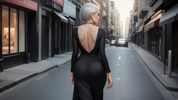 mature womam of a 65-year-old with gray hair, seductive gaze, she is wearing a very sexy black evening dress that reveals a small sagging breast, 8k, detailed background, wrinkles on body, showing full body, full body, big ass, View of back walking walking...