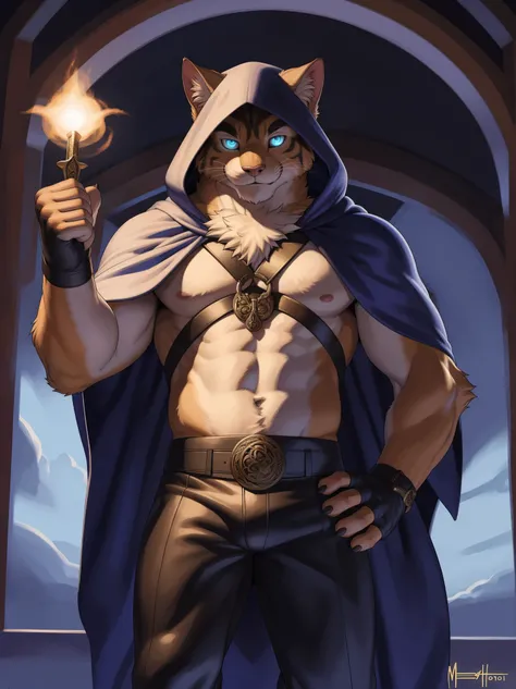 solo,anthro,furry,furry male, cat,((fluffy fur,fluffy,furry body)),(feline, cat print), (brown body), sky blue glowing eyes, detailed eyes, tail,detailed fluffy fur,detailed face,detailed eyes,tan chest, (dagger on hip), hooded cloak, open shirt, straps, f...