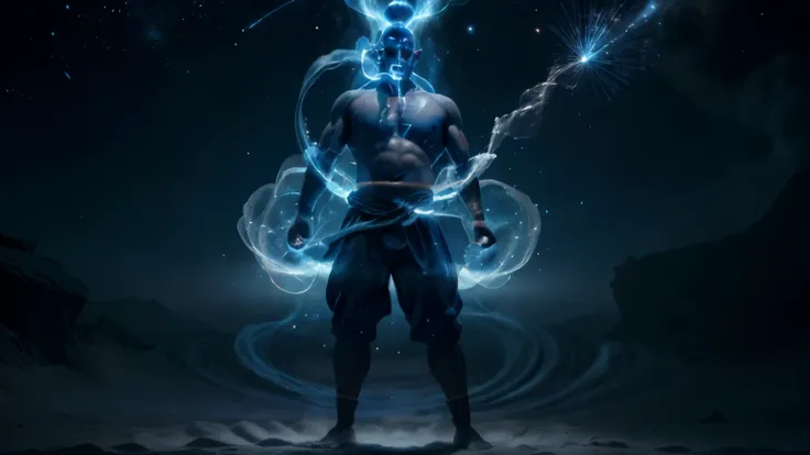 named genie is a man big an huge, genie skin blue and face blue, genie blade head and no hair, legs made from fogs and smoke, full body of genie, Visualize the Genies first appearance. Consider a burst of radiant light accompanied by swirling magical parti...