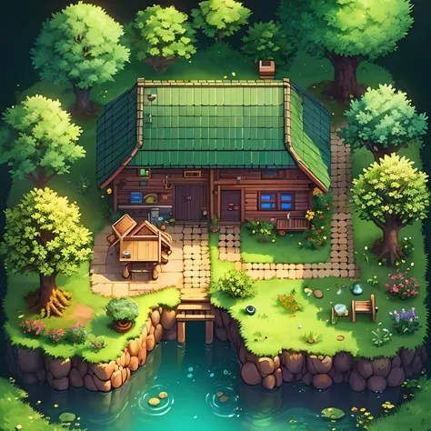 tree, no humans, scenery, plant, water, nature, pond, plate, grass, stove, forest, house scene, 2d game scene, beautiful, detailed, pixel art, cute, fantasy, colorful, isometric, 